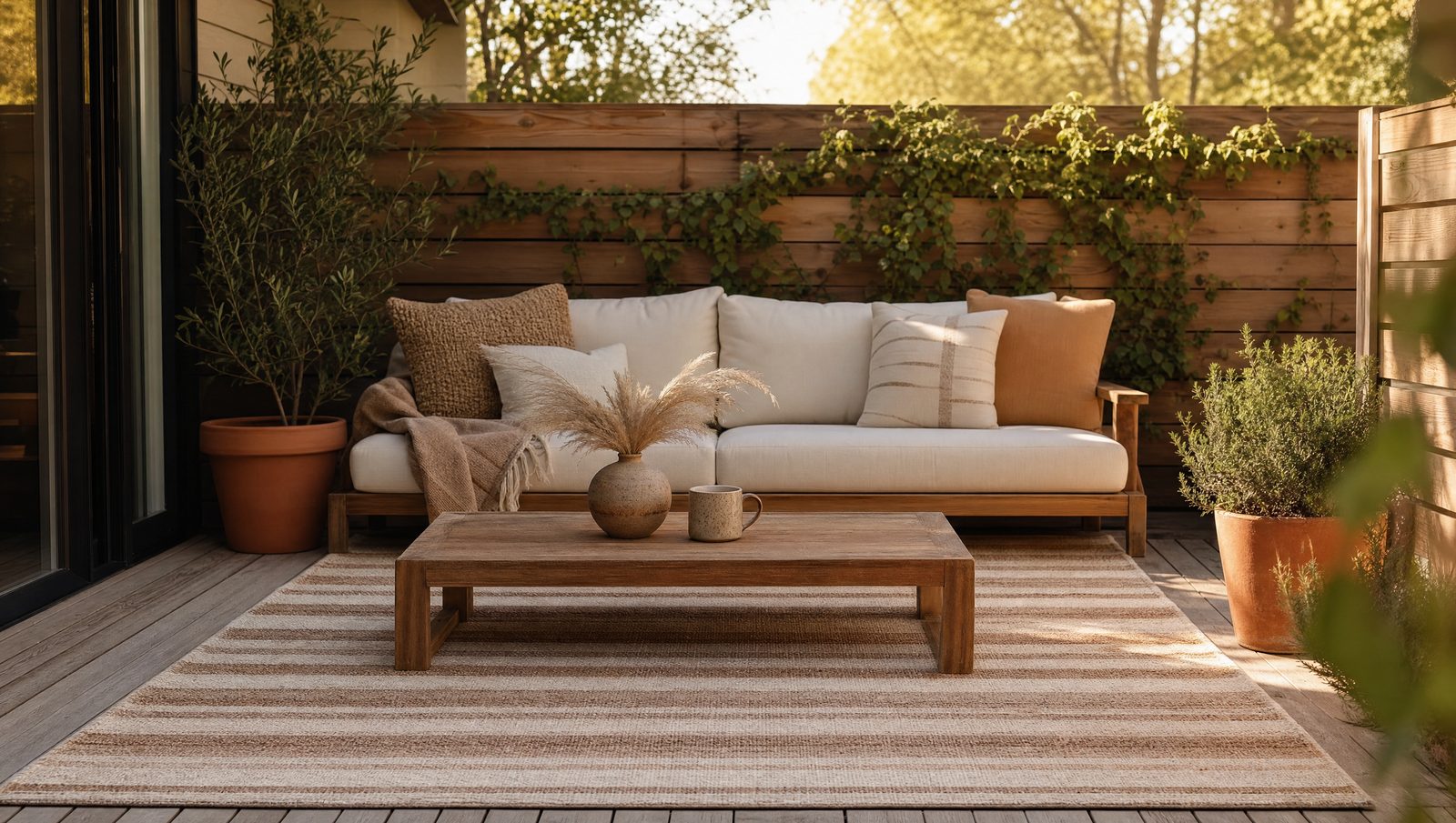 Sunlit small patio at golden hour with warm-neutral striped outdoor rug, cream linen sofa, wood coffee table, and potted greenery — warm minimalist outdoor styling