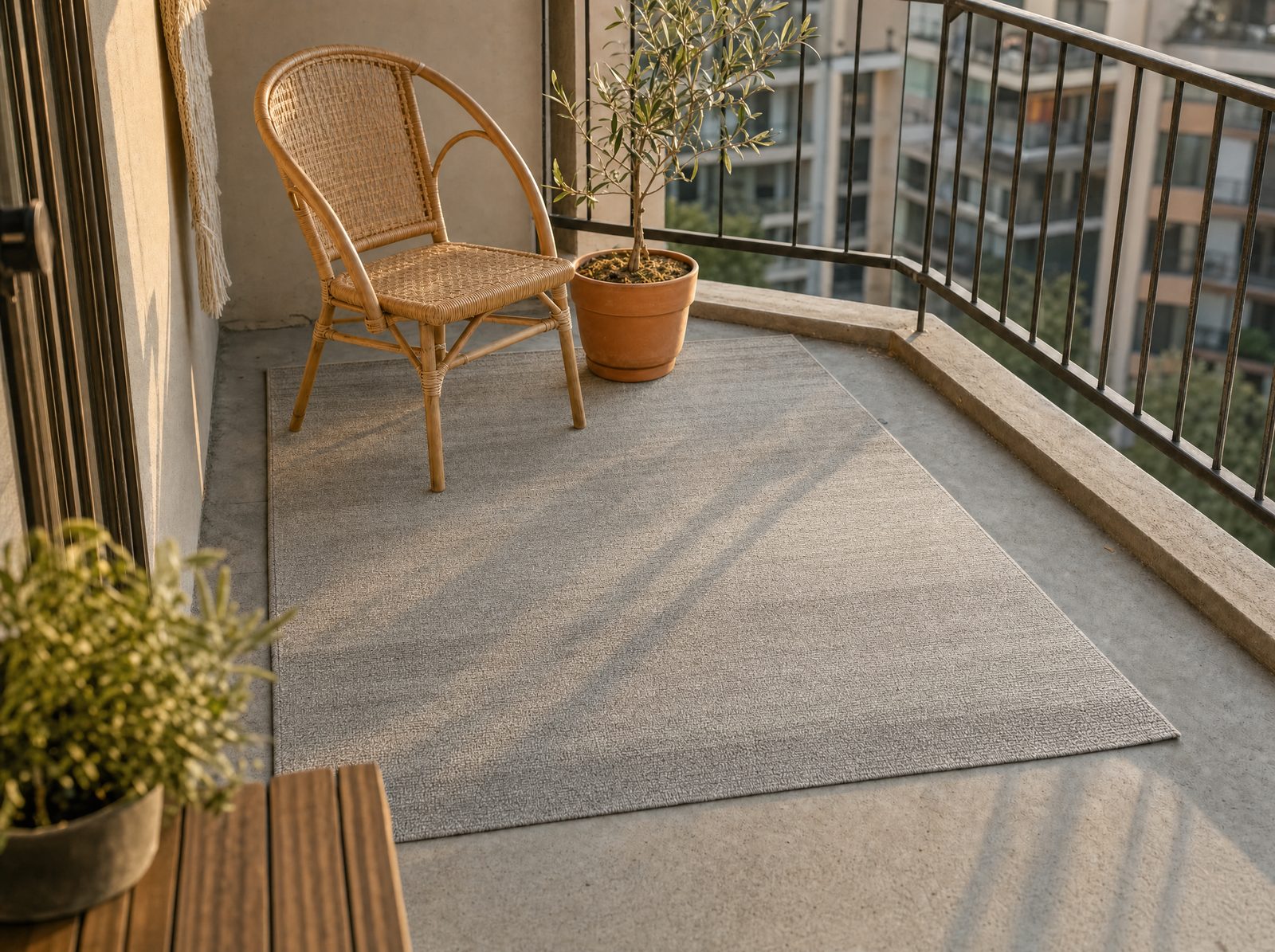 Fab Habitat Big Sur Ash 3x5 recycled-plastic outdoor rug on a city apartment balcony with rattan dining chair, terracotta-potted olive sapling, ceramic mug, and trailing greenery at golden hour