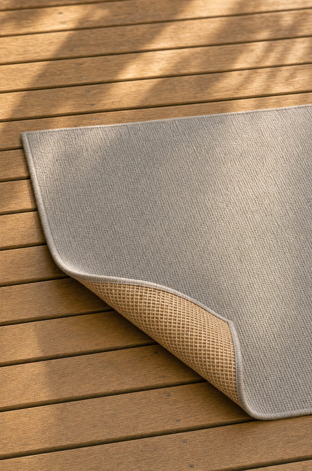 Fab Habitat Big Sur Ash 3x5 heathered grey-tan recycled-plastic outdoor rug on a warm honey-toned wood deck with one corner folded back to reveal the reversible tan flatweave underside, dappled shadows from overhead foliage falling across the planks
