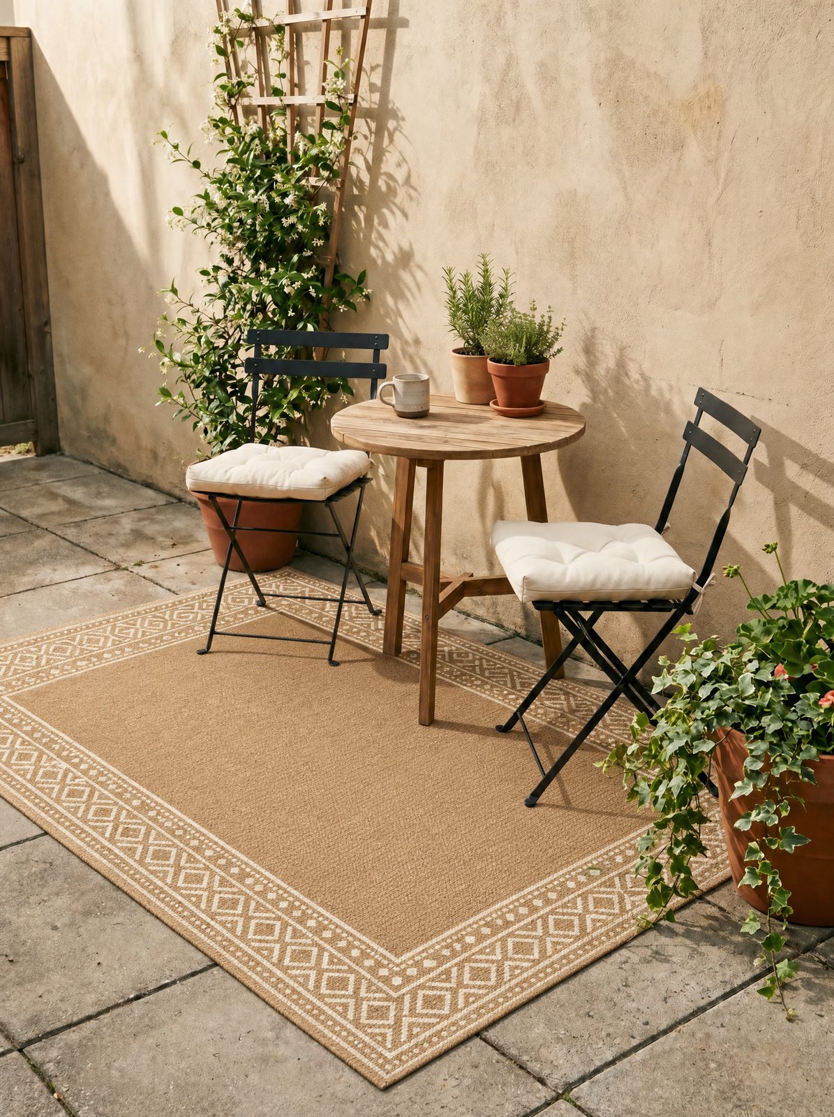 GENIMO boho geometric 5x8 outdoor rug, tan with cream diamond border pattern, styled on a stone-paver patio with two black bistro folding chairs, a round wood bistro table with herb pots, and a jasmine trellis against a terracotta wall