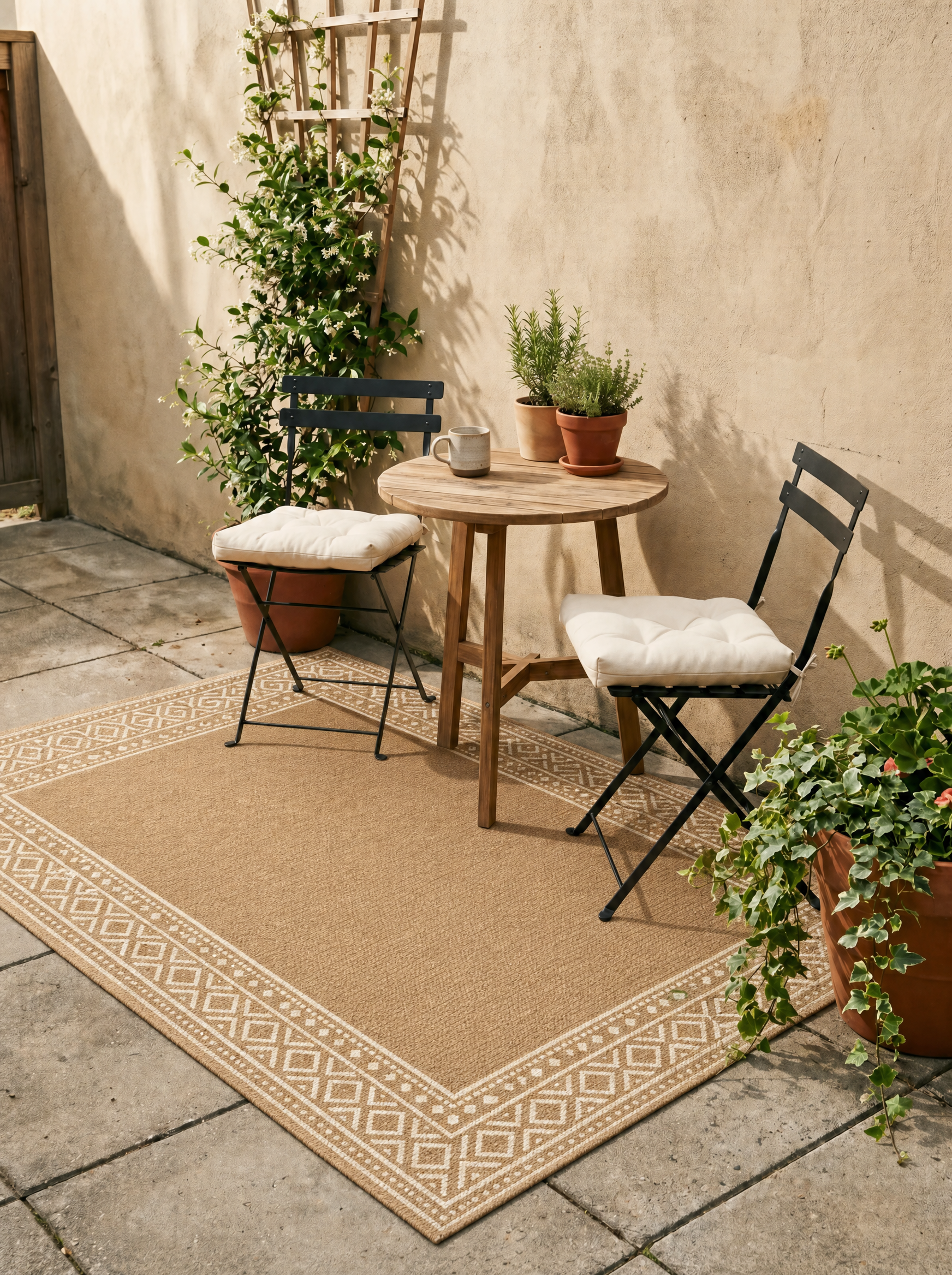 GENIMO boho geometric 5x8 outdoor rug, tan with cream diamond border pattern, styled on a stone-paver patio with two black bistro folding chairs, a round wood bistro table with herb pots, and a jasmine trellis against a terracotta wall