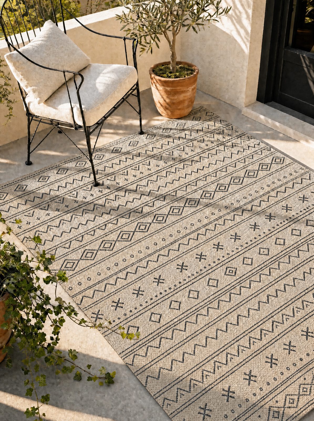 JONATHAN Y Moroccan geometric trellis outdoor rug in natural beige with black tone-on-tone pattern on a sunlit stone patio with iron chair, terracotta-potted olive tree, ceramic mug, and trailing ivy