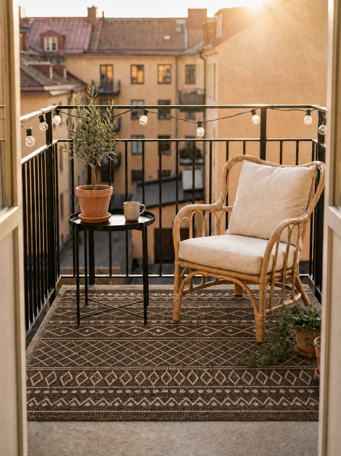 Nourison Positano natural beige 5x7 outdoor rug on a balcony in real daylight reading true warm sand, two chairs and a potted plant arranged on top