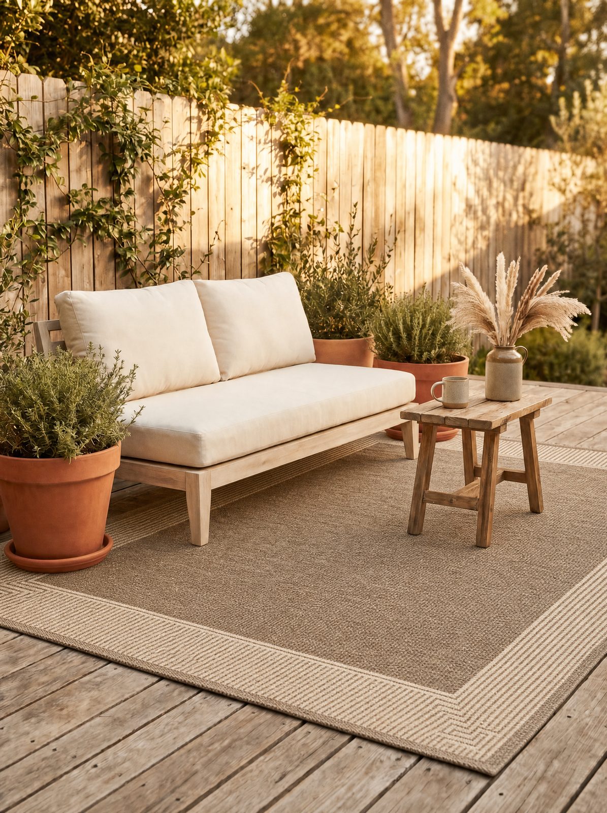 nuLOOM Asha light brown and ivory 8x10 outdoor rug holding full color and intact weave on a sunny patio with a full seating set arranged on top