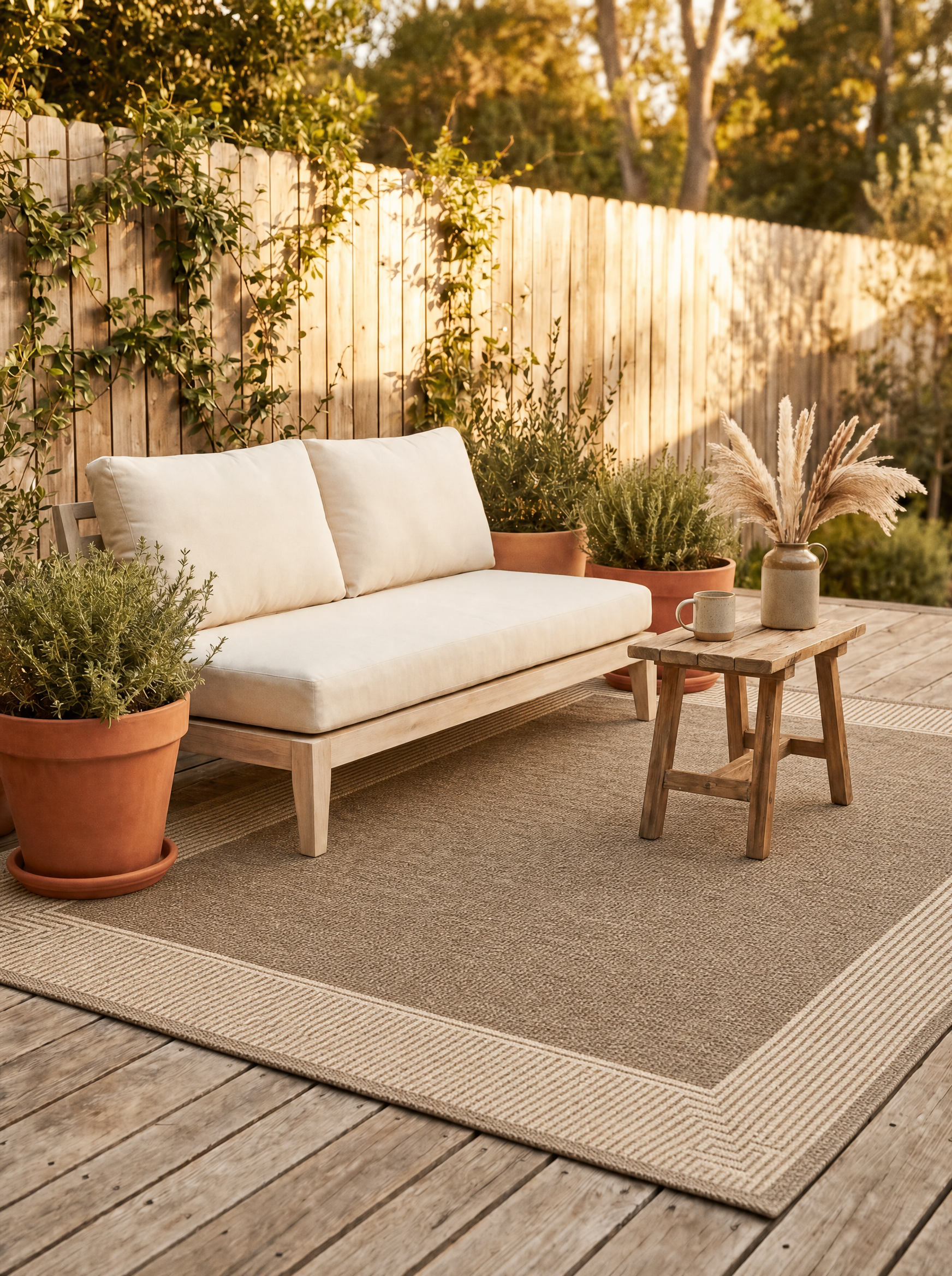 Nuloom Asha 8x10 horizontal-stripe outdoor rug on a wood deck with cream-cushion outdoor sofa, terracotta planters, dried pampas grass, and small wooden stool at golden hour, the full-patio sizing scenario from the size guide