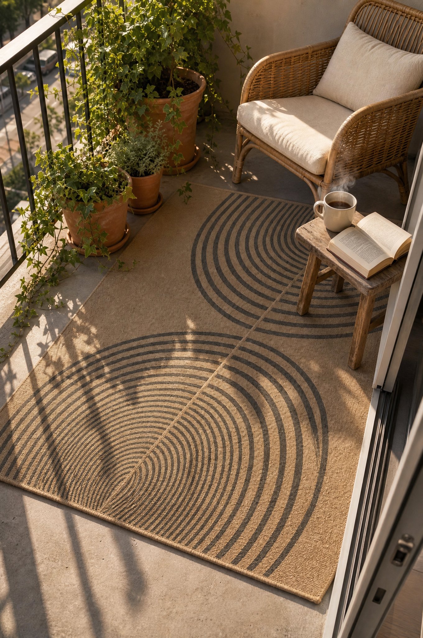 Rugalia Easy Jute 5x7 outdoor patio rug in natural tan woven texture on a covered porch beside a wooden rocking chair, soft overcast daylight