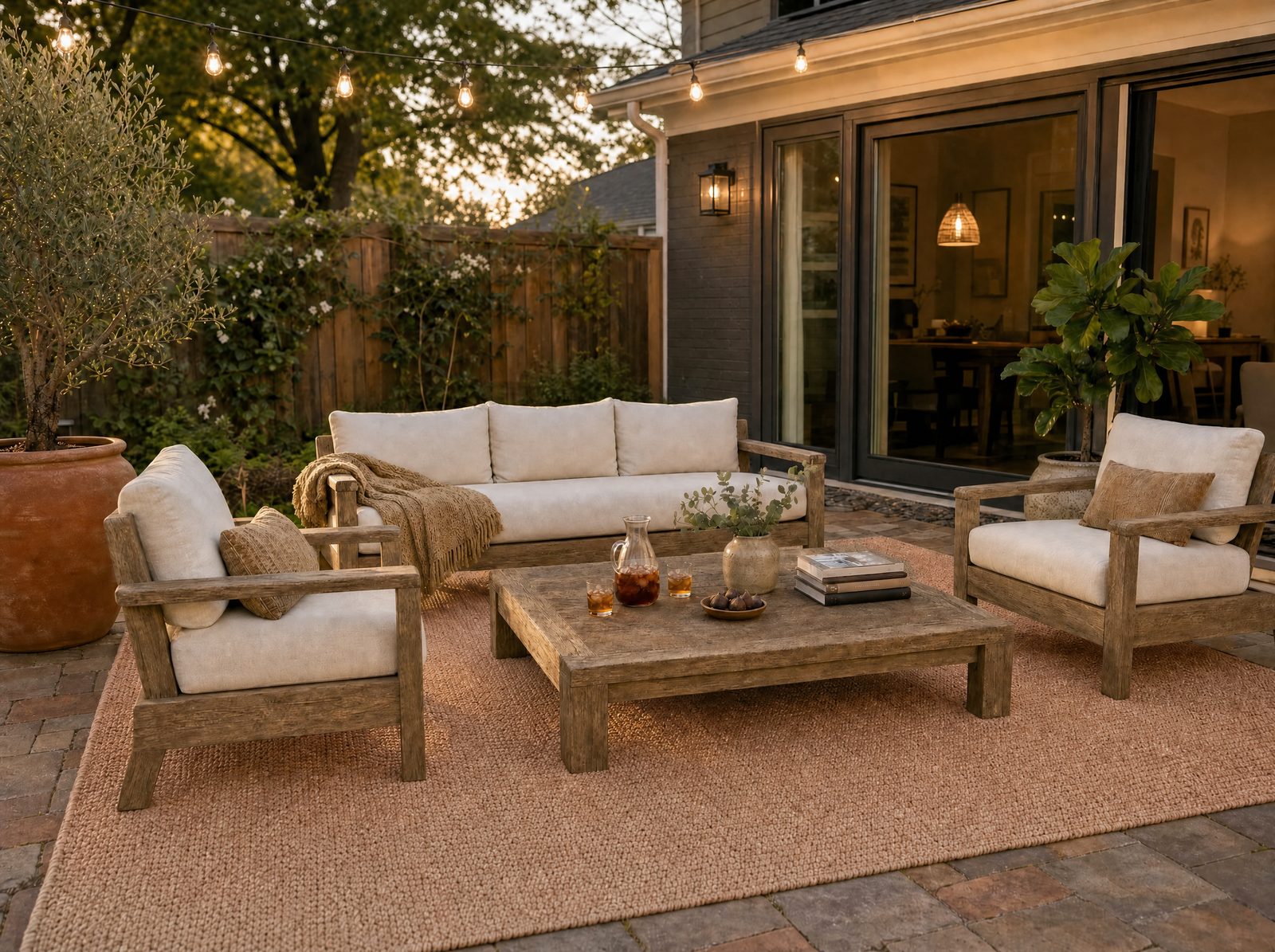 Safavieh Courtyard natural cream 8x10 outdoor rug with bordered flatweave pattern laid flat on a driveway, garden hose rinsing the surface with water sheeting off, bright midday light