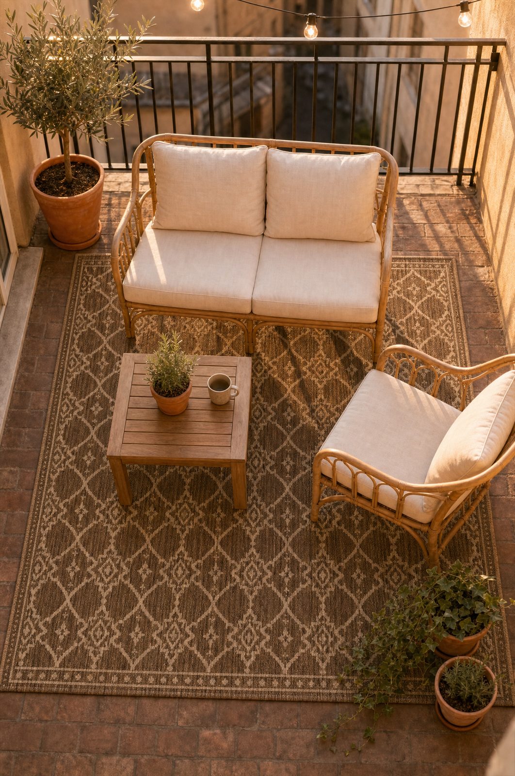 Beige Moroccan-trellis outdoor patio rug filling a tiny brick balcony, layered under a rattan loveseat and matching armchair with cream cushions, small wood coffee table holding two potted herbs and a ceramic mug, olive tree in terracotta pot, trailing greenery, and string lights overhead